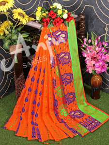 anju sarees floral print jamdani cotton blend cotton linen saree orange