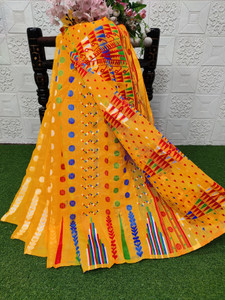 anju sarees floral print jamdani cotton blend cotton linen saree yellow