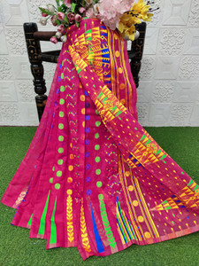 anju sarees floral print jamdani cotton blend cotton linen saree pink