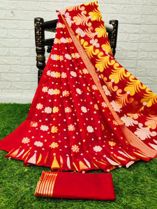 anju sarees floral print jamdani cotton blend cotton linen saree red gold