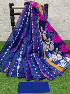 anju sarees floral print jamdani cotton blend cotton linen saree blue