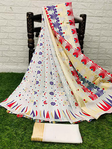 anju sarees floral print jamdani cotton blend cotton linen saree red white