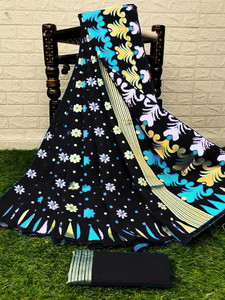 anju sarees floral print jamdani cotton blend cotton linen saree black multicolor