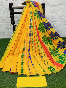 anju sarees floral print jamdani cotton blend cotton linen saree yellow
