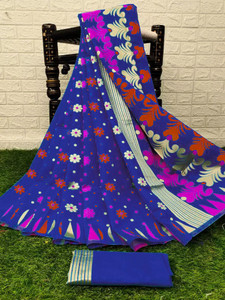 anju sarees floral print jamdani cotton blend cotton linen saree blue pink