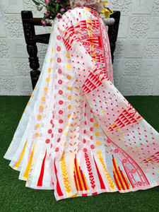 anju sarees floral print jamdani cotton blend cotton linen saree white