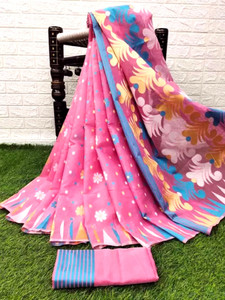 anju sarees floral print jamdani cotton blend cotton linen saree pink