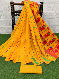 anju sarees floral print jamdani cotton blend cotton linen saree red mustard