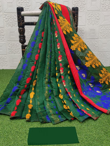 anju sarees floral print jamdani cotton blend cotton linen saree green