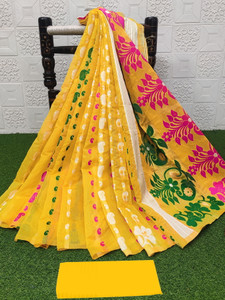 anju sarees floral print jamdani cotton blend cotton linen saree yellow