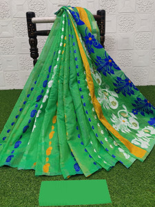 anju sarees floral print jamdani cotton blend cotton linen saree light green