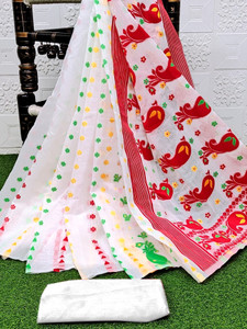 anju sarees floral print jamdani cotton blend cotton linen saree red white