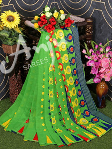 anju sarees floral print jamdani cotton blend cotton linen saree green