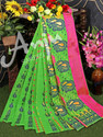 Anju Sarees Floral Print Jamdani Cotton Blend, Cotton Linen Saree (Green)