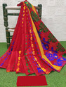 Anju Sarees Floral Print Jamdani Cotton Blend, Cotton Linen Saree (Red)