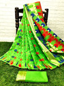 Anju Sarees Floral Print Jamdani Cotton Blend, Cotton Linen Saree (Green)