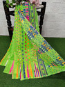 Anju Sarees Floral Print Jamdani Cotton Blend, Cotton Linen Saree (Green)