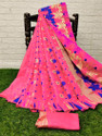 Anju Sarees Floral Print Jamdani Cotton Blend, Cotton Linen Saree (Pink)