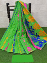Anju Sarees Floral Print Jamdani Cotton Blend, Cotton Linen Saree (Green)