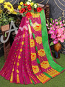 Anju Sarees Floral Print Jamdani Cotton Blend, Cotton Linen Saree (Pink)