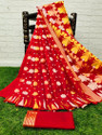 Anju Sarees Floral Print Jamdani Cotton Blend, Cotton Linen Saree (Red, Gold)
