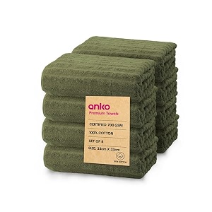 anko australia 100 cotton 700 gsm  super-soft absorbent quick-drying green ribbed face towel set of 8  33 x 33 cm  travel gym spa salon towel