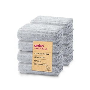 anko australia 100 cotton 700 gsm  super-soft absorbent quick-drying silver ribbed face towel set of 8  33 x 33 cm  travel gym spa salon towel