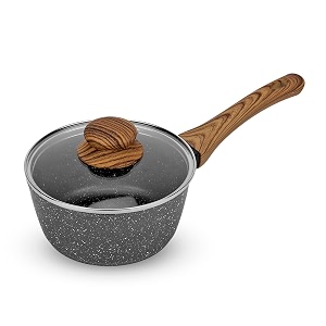 anko australia non-stick aluminium saucepan with glass lid  35 mm thickness  4 layer non-stick coating  soft-touch bakelite wood look handle  tea pan milk pan tapeli patila  pfoa free  16 cm dia