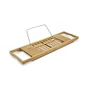 Anko Bamboo &amp; Steel Extendable Bath Caddy Tray | Bathtub Storage Adjustable Rack | Organiser Holder for Tablet, Book, Phone, Drinks, Food, Candle | 3.5 Cm (H) x 70 Cm to103 Cm (W) x 21 Cm (D) (1 Pc)