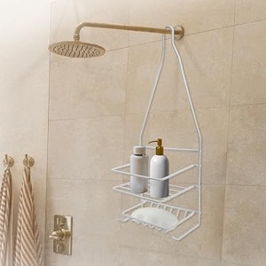 anko iron mini bathroom hanging organizer  2-layer bathroom shelf for wall amp shower  rust-proof shower caddy  bathroom accessories  shampoo amp soap holder for bathroom  white  16x105x455cm