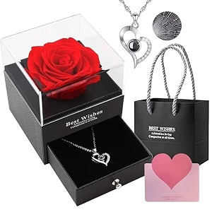 anlunob preserved red rose necklace with heart i love you in 100 languages  eternal rose romantic gift for women girlfriend wife mom  anniversary birthday valentines mothers day christmas