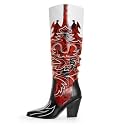 ANN CREEK Cowgirl Boots Side Zipper Womens Cowboy Boots Knee High Embroidery Woman Western Tall Pointed Toe Chunky Heel Two Tones