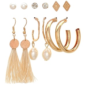 anna creations latest stylish golden combo of resin tassel pearl stud hoop earrings set for women girls
