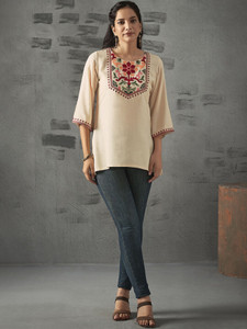 ANOUK Casual Embroidered Women Beige Top