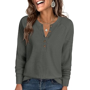 ANRABESS Womens Waffle Knit Henley Top Long