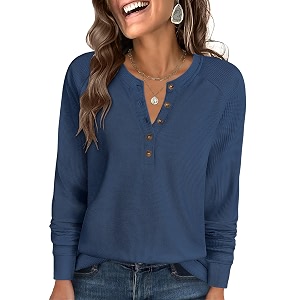 ANRABESS Womens Waffle Knit Henley Top Long