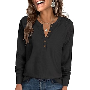 ANRABESS Womens Waffle Knit Henley Top Long