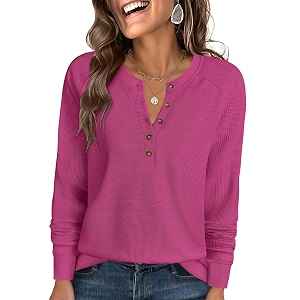 ANRABESS Womens Waffle Knit Henley Top Long
