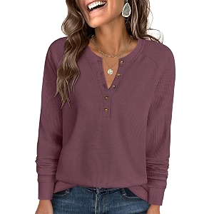 ANRABESS Womens Waffle Knit Henley Top Long