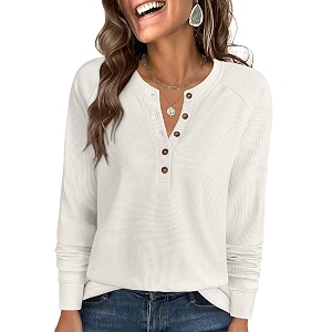 ANRABESS Womens Waffle Knit Henley Top Long
