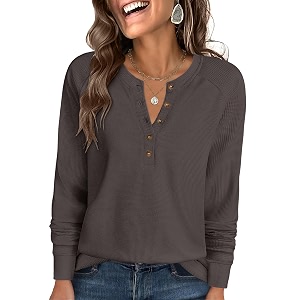 ANRABESS Womens Waffle Knit Henley Top Long
