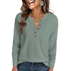 ANRABESS Womens Waffle Knit Henley Top Long