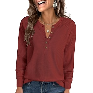 ANRABESS Womens Waffle Knit Henley Top Long