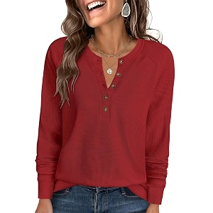 ANRABESS Womens Waffle Knit Henley Top Long