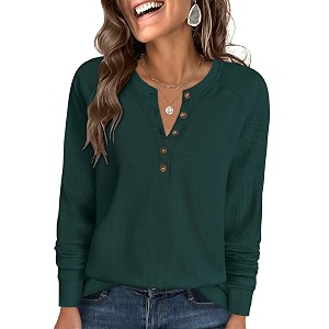 ANRABESS Womens Waffle Knit Henley Top Long