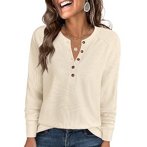 ANRABESS Womens Waffle Knit Henley Top Long