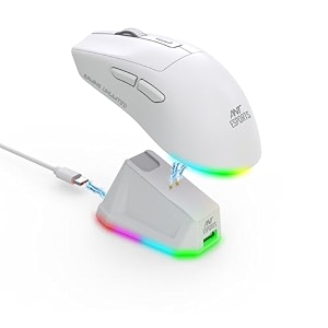 ant esports gm810 pro v2 wireless optical gaming mouse 24g  bluetooth 3600 dpi 400mah rechargeable battery 72h working time 125hz polling rgb charging dock_ white