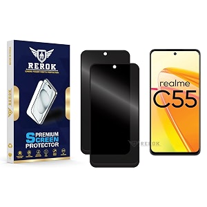 anti-spy privacy tempered glass screen protector compatible with realme c55 pack of 2  edge-to-edge 9h hardness case friendly easy installation kit