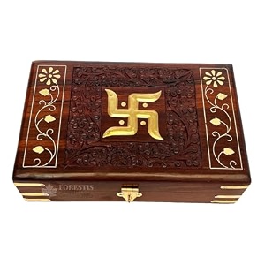 exquisitely hand brass-filled wooden om box for good luck jewellery box 8x5 inches swastic tomb