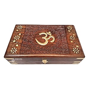 exquisitely hand brass-filled wooden om box for good luck 12x8 inches shubh labh